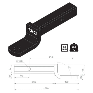TAG Tow Ball Mount - 268mm Long, 90° Face, 50mm Square Hitch - Brixton 4x4 - Buy Online Now!